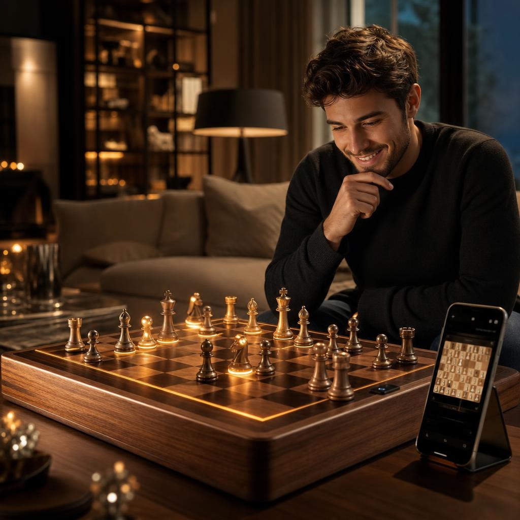 Happy person playing with the magical Chessnex self-moving board connected to an app