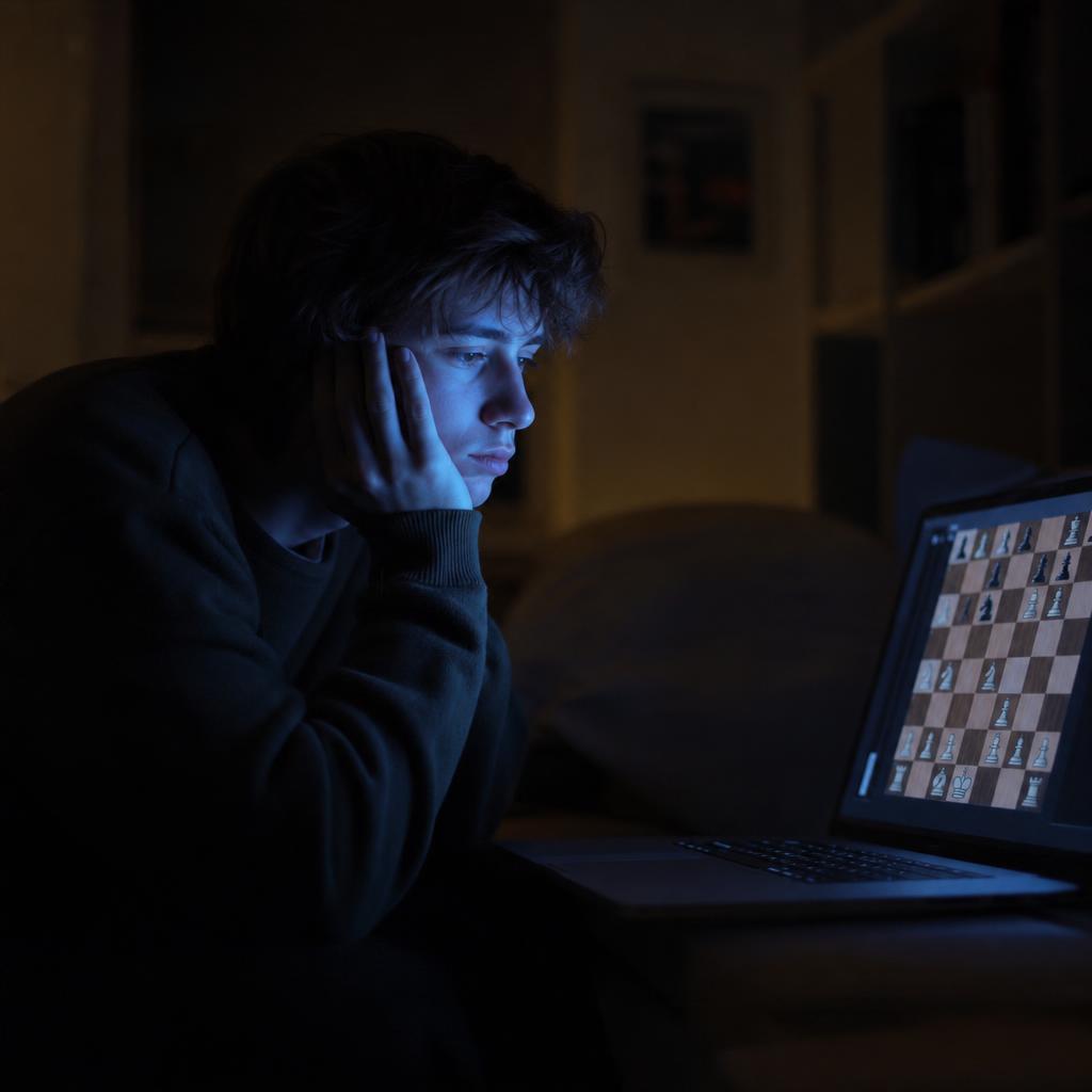 Bored person staring at a laptop screen while playing online chess